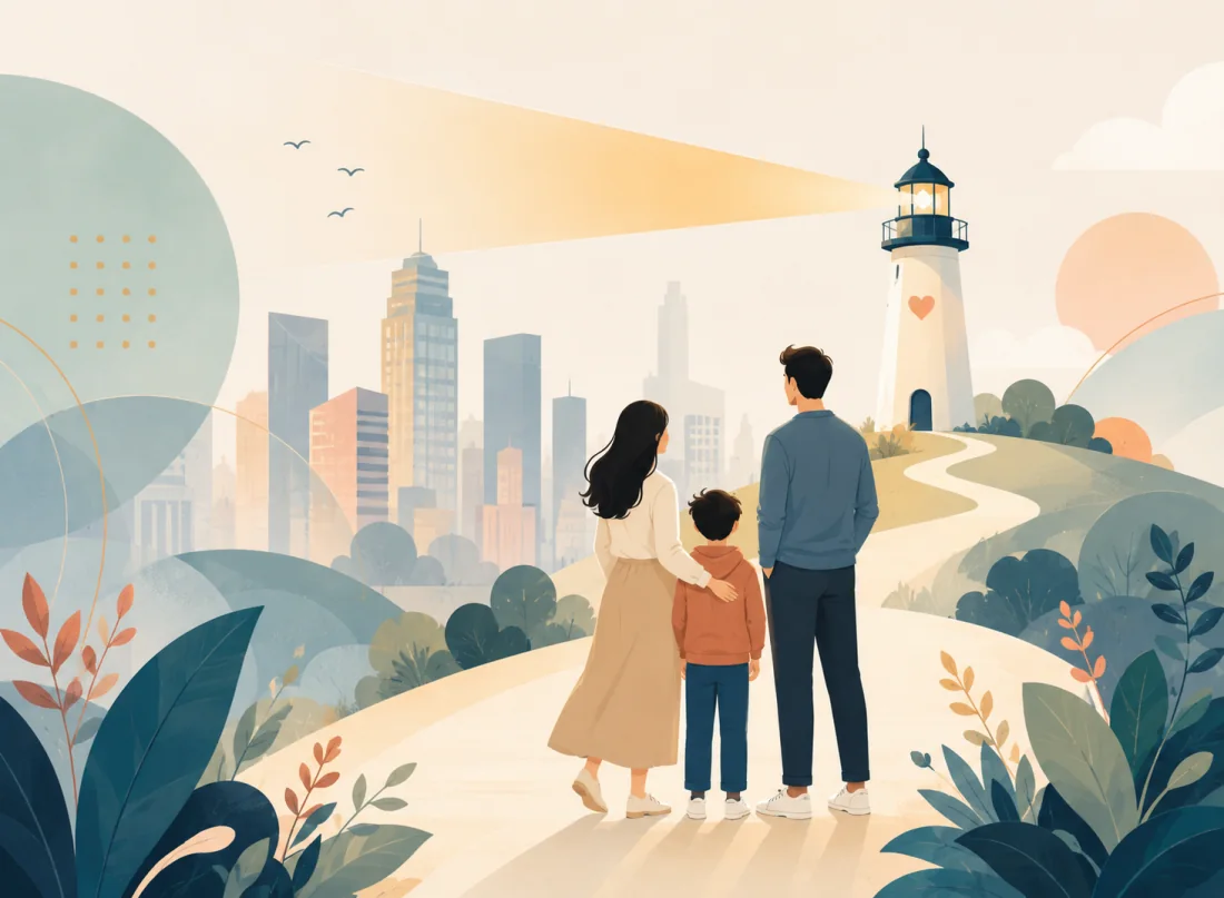 A family in China looking toward a guiding lighthouse