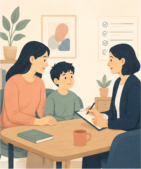 A parent and child discussing an ADHD assessment with a professional