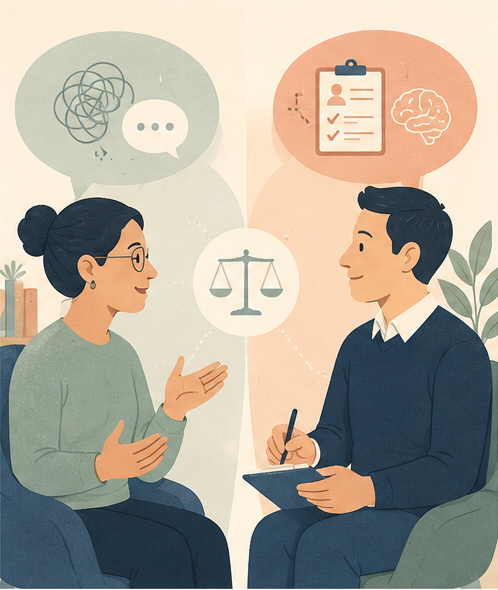 Two mental health professionals discussing assessment and support