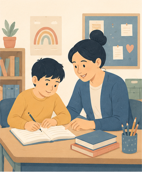 A learning specialist supporting a child with schoolwork